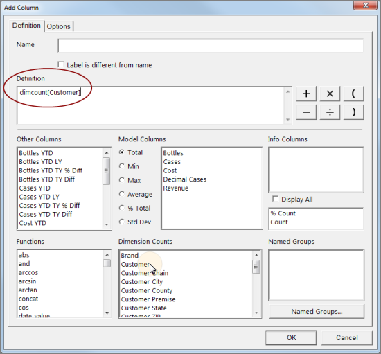 Add column dialog box showing customer dimcount selected.